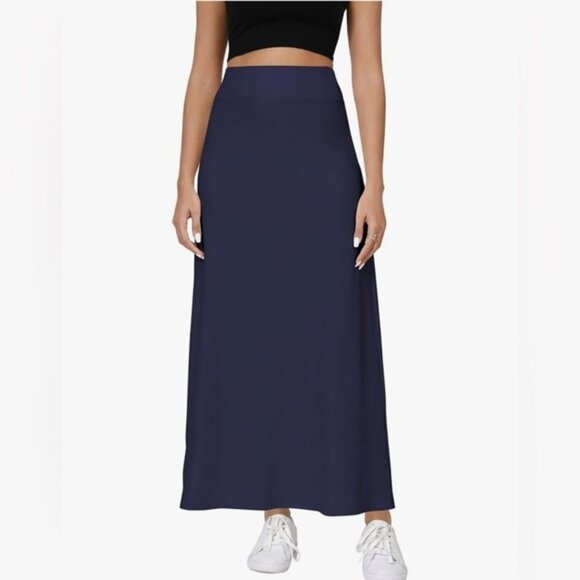 Navy Blue Ribbed 94% Cotton A-Line High-Waist Maxi Stretch Casual Modest Skirt S - Picture 2 of 16
